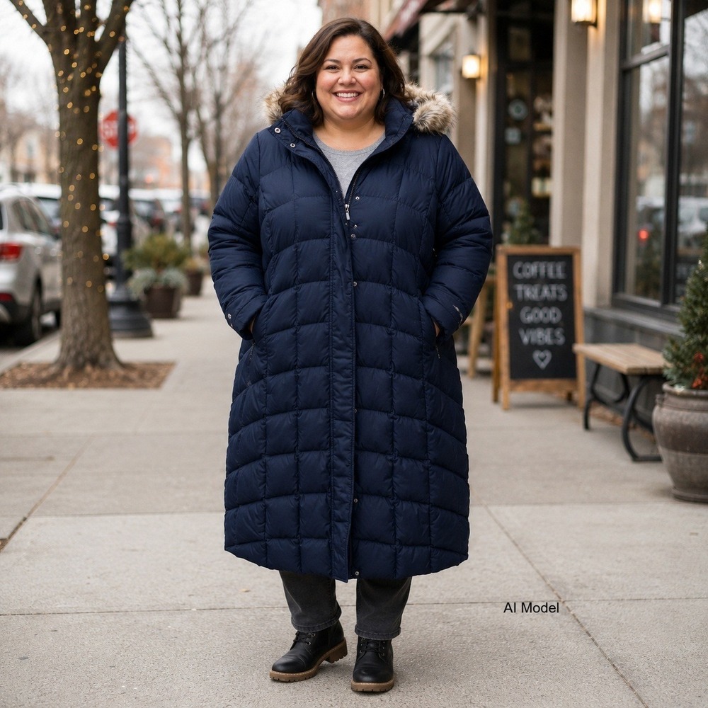 Eddie Bauer EB550 Goose Down Puffer Long Coat Women XXL Navy Faux Fur Lined Hood